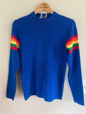Vintage 1970s blue sweater colorful striped rainbow mens